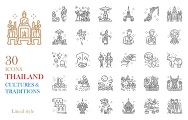 Thailand line icon set vector illustration in cultures,traditions,arts and charming lifestyle concept.Included Loi krathong,monk ordination,buddhist day,songkran,festival,massage.