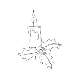 Abstract candle and holly berries line drawing isolated on white background.