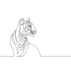 Tiger one line drawing style. Wild animal contour outline background in black and white.