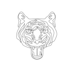 Tiger head one line drawing style. Tiger roaring, mouth open