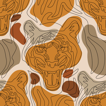Tiger head line drawing, minimal elements seamless pattern.