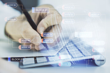 Double exposure of abstract creative programming illustration with world map and hand writing in notepad on background with laptop, big data and blockchain concept