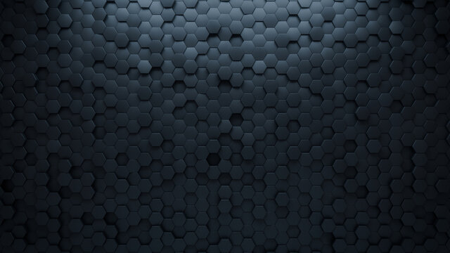 3D, Polished Wall background with tiles. Hexagonal, tile Wallpaper with Black, Futuristic blocks. 3D Render