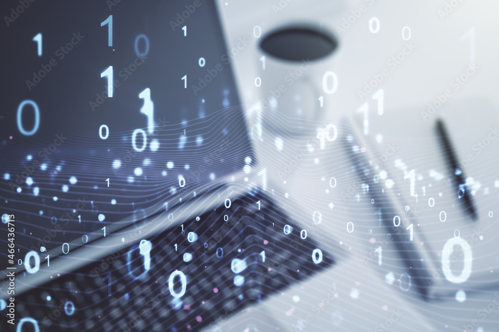 Poster creative concept of binary code illustration on modern laptop background. big data and coding concep