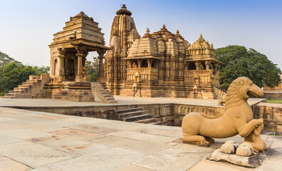 Sculpture in front of the temples of Khajuraho, India
