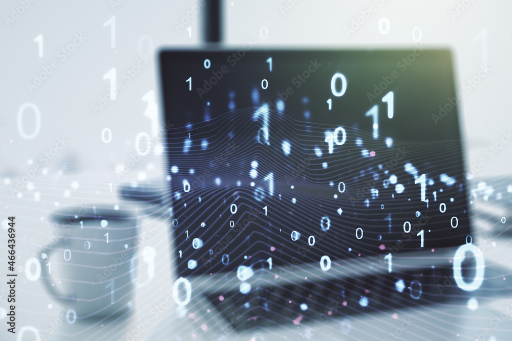 Poster creative abstract binary code sketch on modern laptop background, hacking and matrix concept. multie