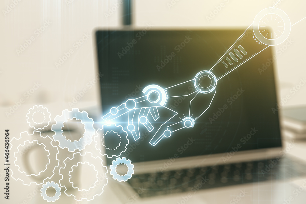 Poster creative abstract robotics technology sketch on modern laptop background, future technology and ai c