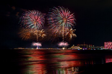 Beautiful fireworks at Tamsui Fisherman`s Wharf, in the north of Taiwan, New Taipei City, Taiwan