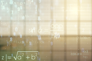 Abstract scientific formula hologram on empty classroom background. Multiexposure