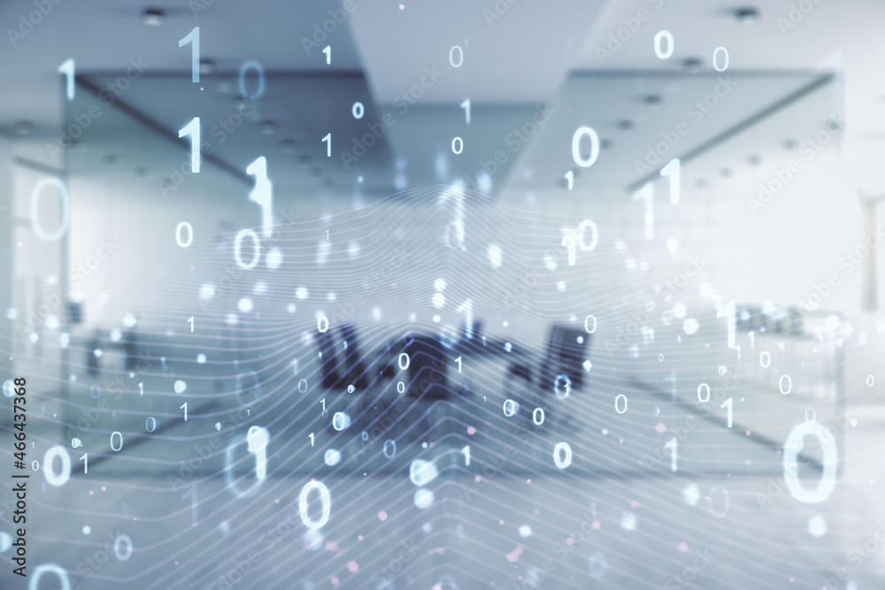 Poster abstract virtual binary code illustration on a modern furnished office background. big data and codi