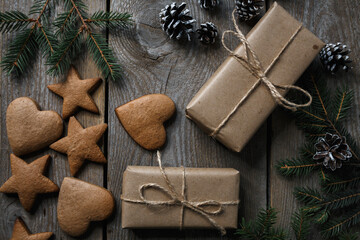 Fototapeta na wymiar christmas cookies and gifts, top view, christmas background