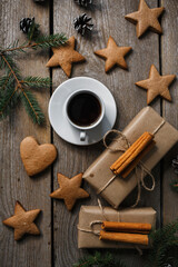 christmas cookies and gifts, top view, christmas background