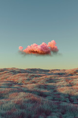 Three dimensional render of single pink cloud floating over grassy rolling landscape