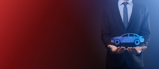 Digital composite of Man holding car icon.Car automobile insurance and car services concept....