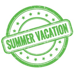 SUMMER VACATION text on green grungy round rubber stamp.