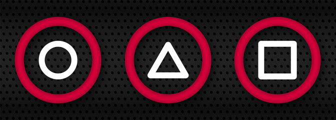 Realistic Red Circle, Triangle, Square on Black Metal Background. Geometric Figures Sign of Game. Isolated Vector Illustration © Toxa2x2