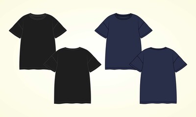 T-shirt technical Sketch fashion Flat black and Navy color Template With Round neckline, elbow sleeves, oversized, tunic length Cotton jersey. Vector illustration basic apparel design. 