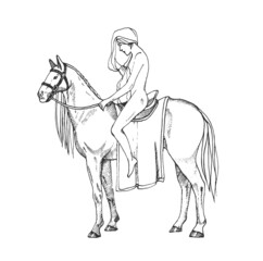 Nude women riding a horse. Lady Godiva. Contour illustration.