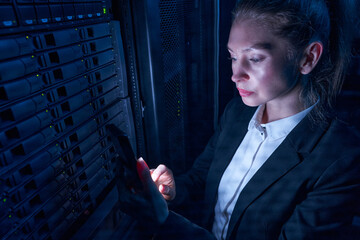Fototapeta premium Woman engineer working in datacenter by server storage racks