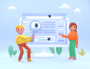 3d render of two people stand near web page with virus bugs. Malware removal services, website full security, antivirus and firewall
