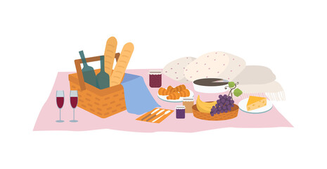 Tasty food and drinks lying in basket and on blanket isolated on white background. Delicious meals and wine for outdoor dinner or picnic. Bright colored vector illustration in flat cartoon style.