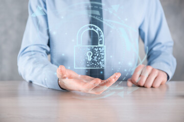 Cyber security network. Padlock icon and internet technology networking. Businessman protecting...