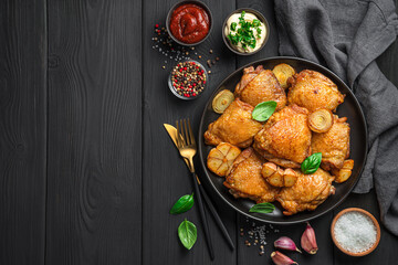 Chicken thighs with basil and spices on a black background. Top view, copy space.