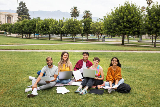 College students working together in the park