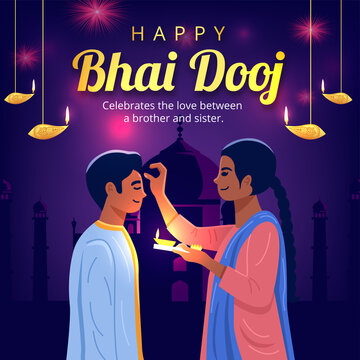 Bhai Dooj, Hindu festival which celebrates the love between a brother and sister. Sister applying Tika on forehead of brother.