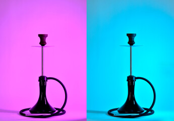 hookah with a glass flask and a clay bowl on a purple and blue background. A traditional oriental getaway for relaxation