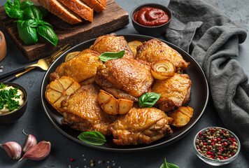 A dish with fried chicken thighs, garlic and onions on a dark background with sauces and spices. Side view, close-up.