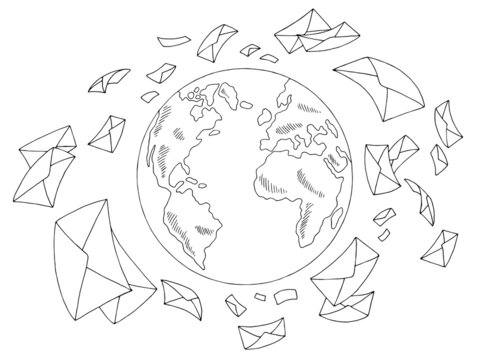 Mail fly around globe earth graphic black white isolated sketch illustration vector