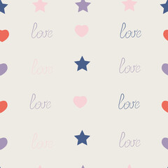 Seamless pattern with stars, hearts and the inscription "love" on a light background.