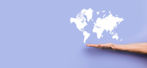 Holding a glowing earth globe social network in the hands of businessmen.World map icon,symbol