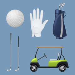 Golf realistic. Sport professional equipment for golf club balls bag car stick decent vector illustrations set