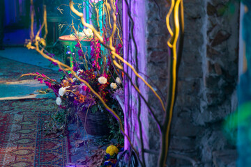 New Year's celebration in the interior with colorful lights