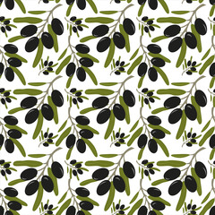 Fototapeta na wymiar Seamless olive branch pattern on a white background. Olive pattern. For design, natural organic cosmetics, wrapping paper, soap, olive oil.