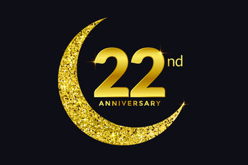 Twenty Two Years Anniversary Celebration Golden Emblem in Black Background. Number 22 Luxury Style Banner Isolated Vector.