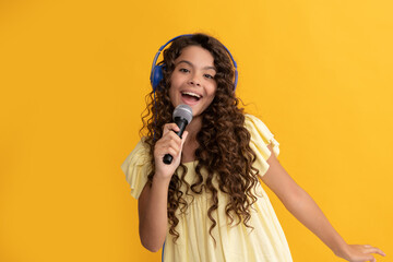 child singer sing karaoke in microphone. online vocal education. back to school. - obrazy, fototapety, plakaty