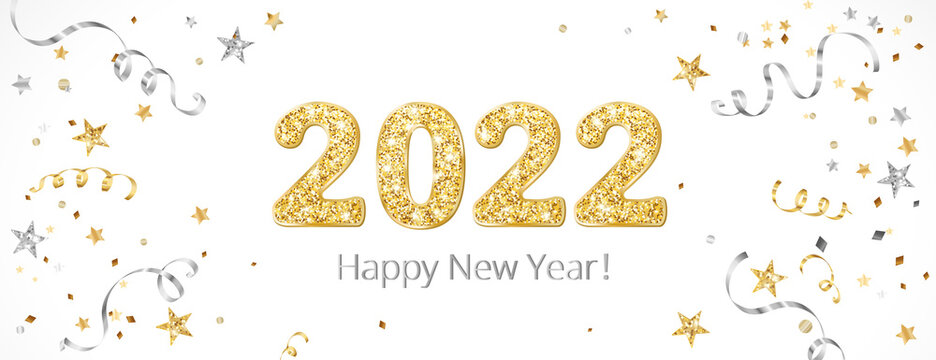 Happy New Year banner. 2022 gold glitter numbers. Confetti, ribbons and stars decoration. Gold and silver celebration background. For Christmas holiday headers, party flyers. Vector illustration.