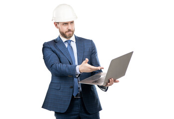 Professional engineer in hardhat point at laptop screen for engineering, computer software