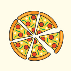 Pizza with salami, olives and mushrooms. vector illustration