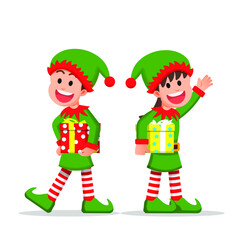 Boy and little girl dressed as an elf and holding a gift box