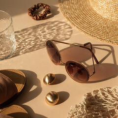 Luxury bohemian aesthetic fashion composition. Crystal glass with sunlight shadows, sunglasses,...