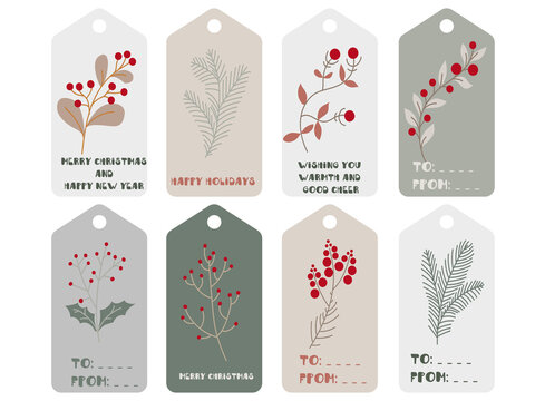 Christmas greeting gift tags with winter elements and holiday wishes. Winter vector illustration isolated on white background.