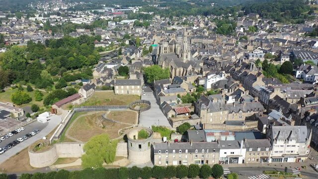 Aerial view of historic centre of Guingamp overlooking ancient Basilica of Notre Dame and former fortified castle, Brittany, France