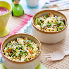 Pumpkin risotto kids food, with green lentils