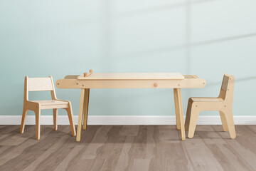 Kid&#39;s dining room interior design in modern pastel aesthetic