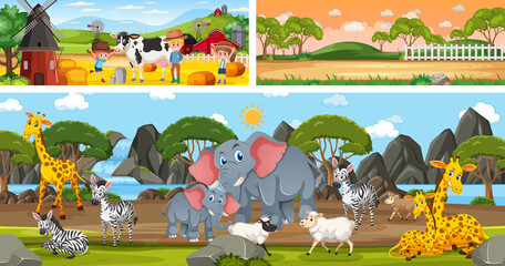 Different scene set with outdoor panoramic landscape in cartoon style
