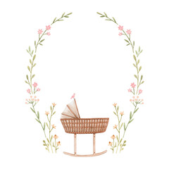 Beautiful frame with hand drawn watercolor baby cradle crib and flowers. Stock clip art illustration for girl.